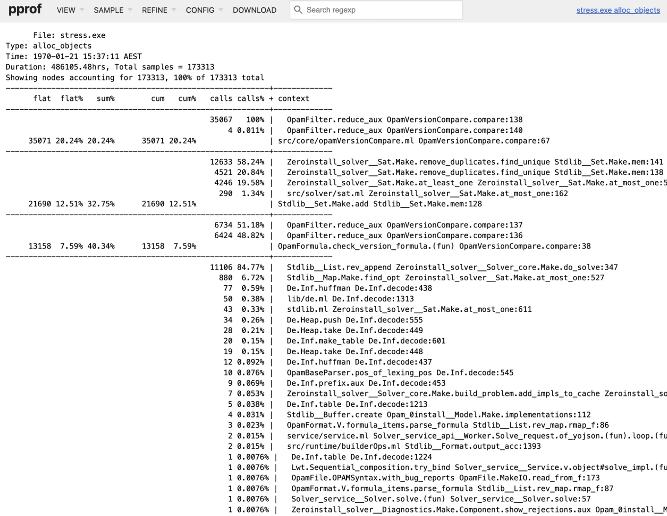 pprof Peek showing the top allocations by objects