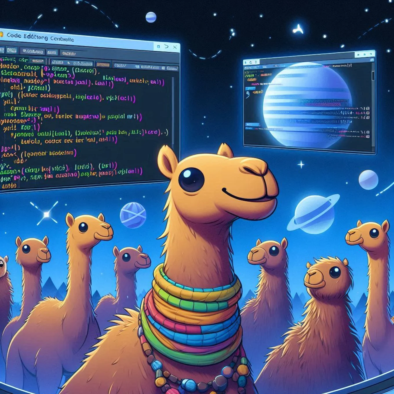 Smiling llamas, colorful rings, code, planets, stars.